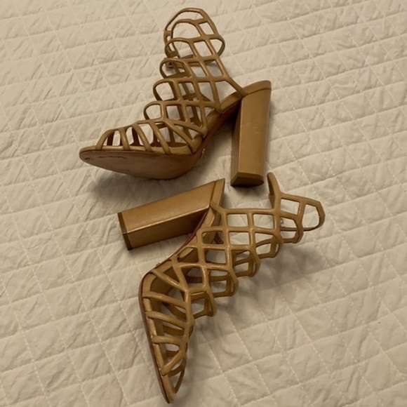 SCHUTZ Jaden caged sandals heels leather sole cream tan colour block heel sz 9B - Picture 3 of 17